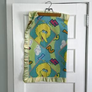 Vintage Sesame Street Baby Crib Blanket Lovey Satin Trim Binding Yellow Big Bird